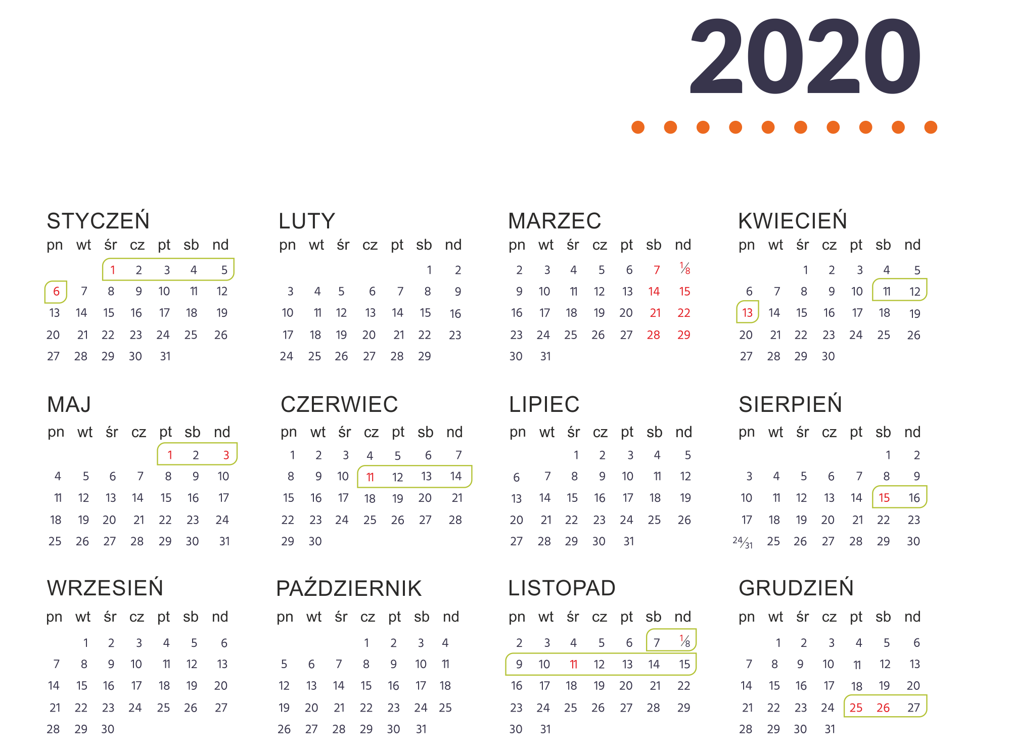 kalendarz długich weekendów w 2020 roku